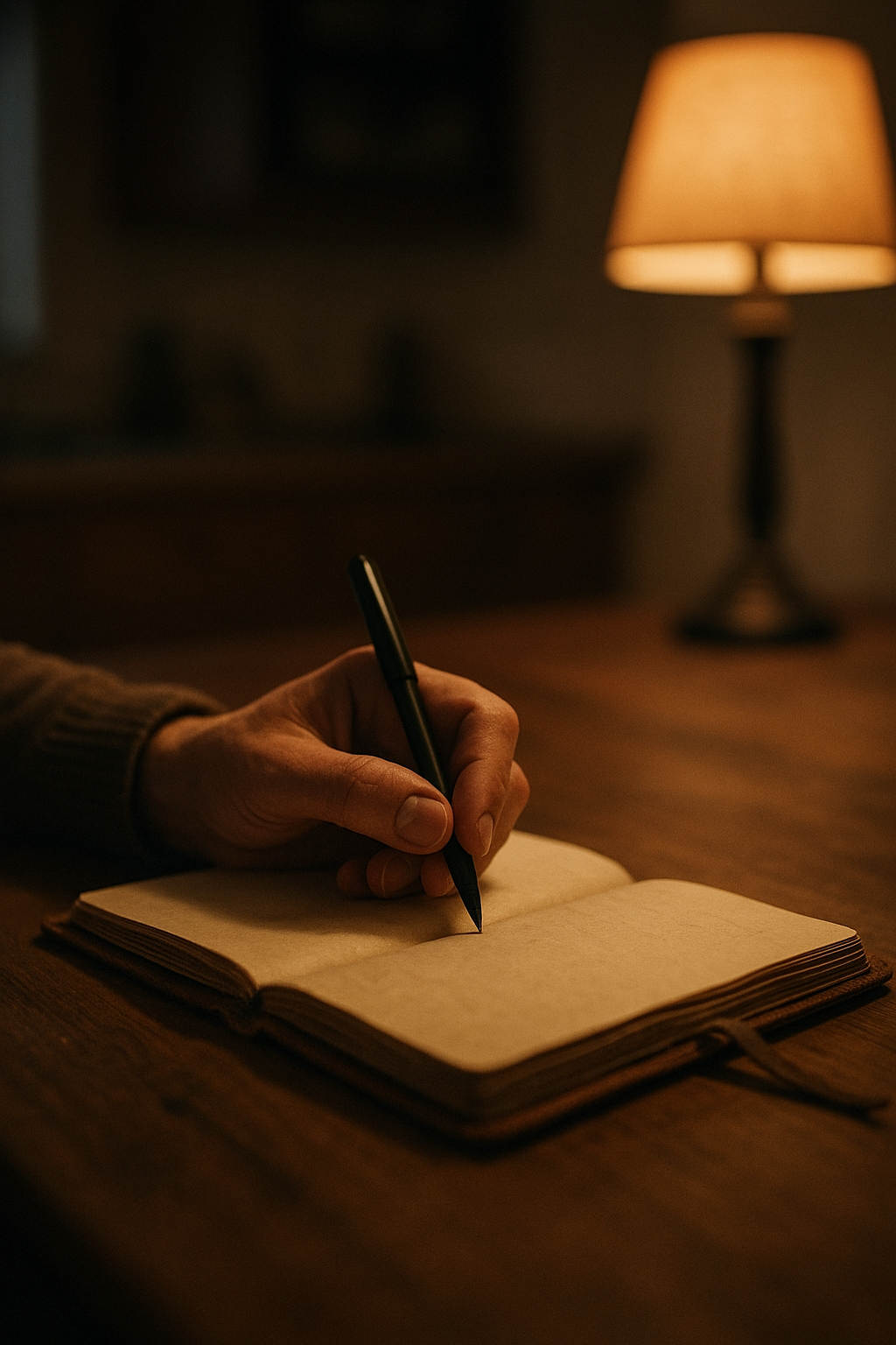 Close-up of a hand writing in a leather journal at a wooden table under warm evening lamp light