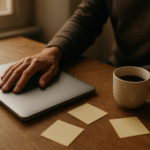 Person at a wooden desk in late afternoon light, cold coffee cup and scattered notes signaling mental fatigue
