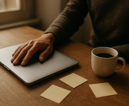 Person at a wooden desk in late afternoon light, cold coffee cup and scattered notes signaling mental fatigue