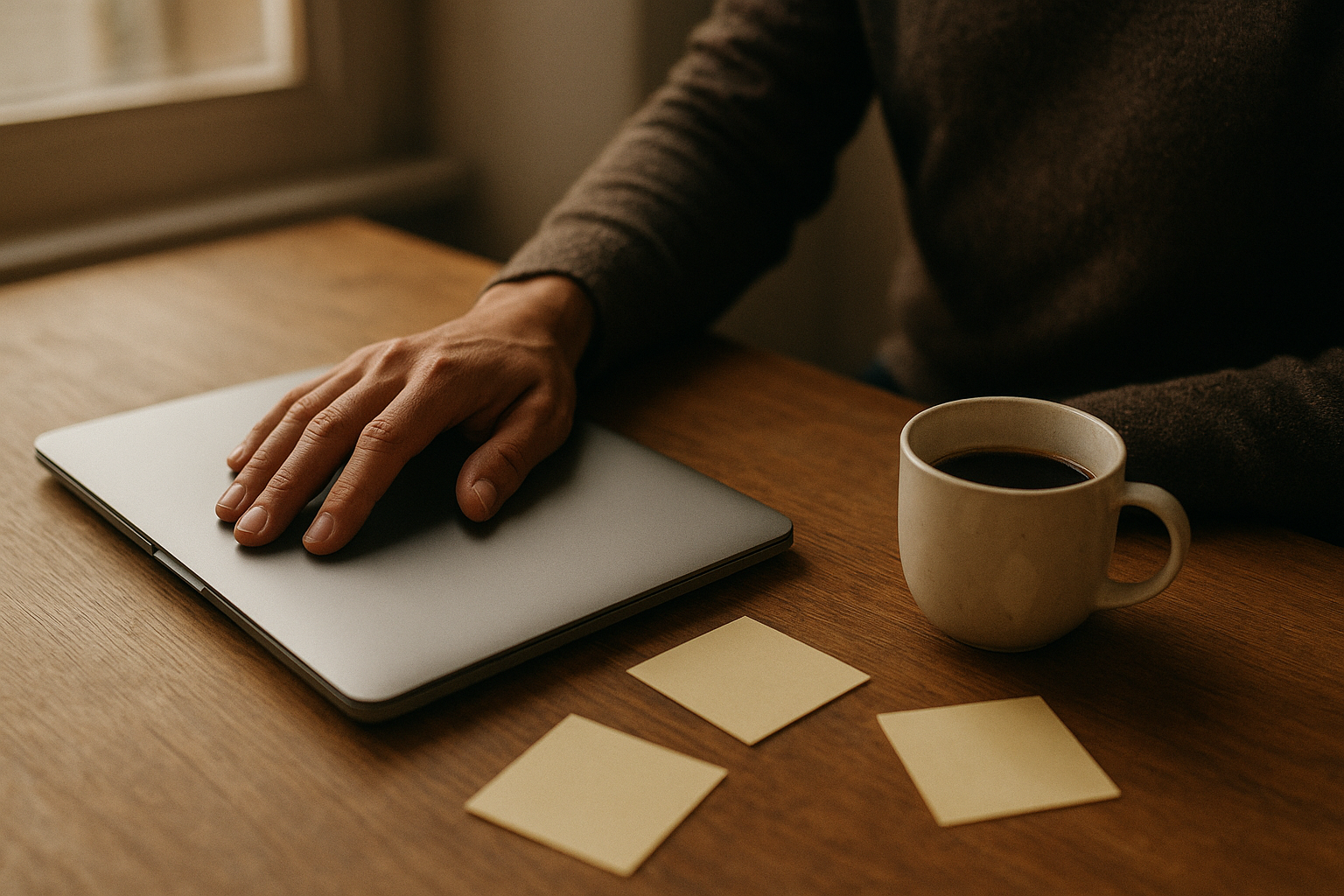 Person at a wooden desk in late afternoon light, cold coffee cup and scattered notes signaling mental fatigue