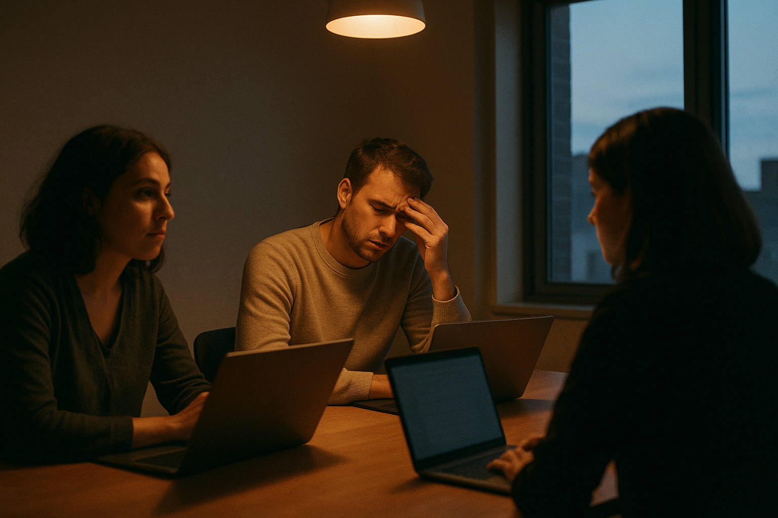 Three colleagues in a late-afternoon meeting, one rubbing their temple showing signs of decision fatigue