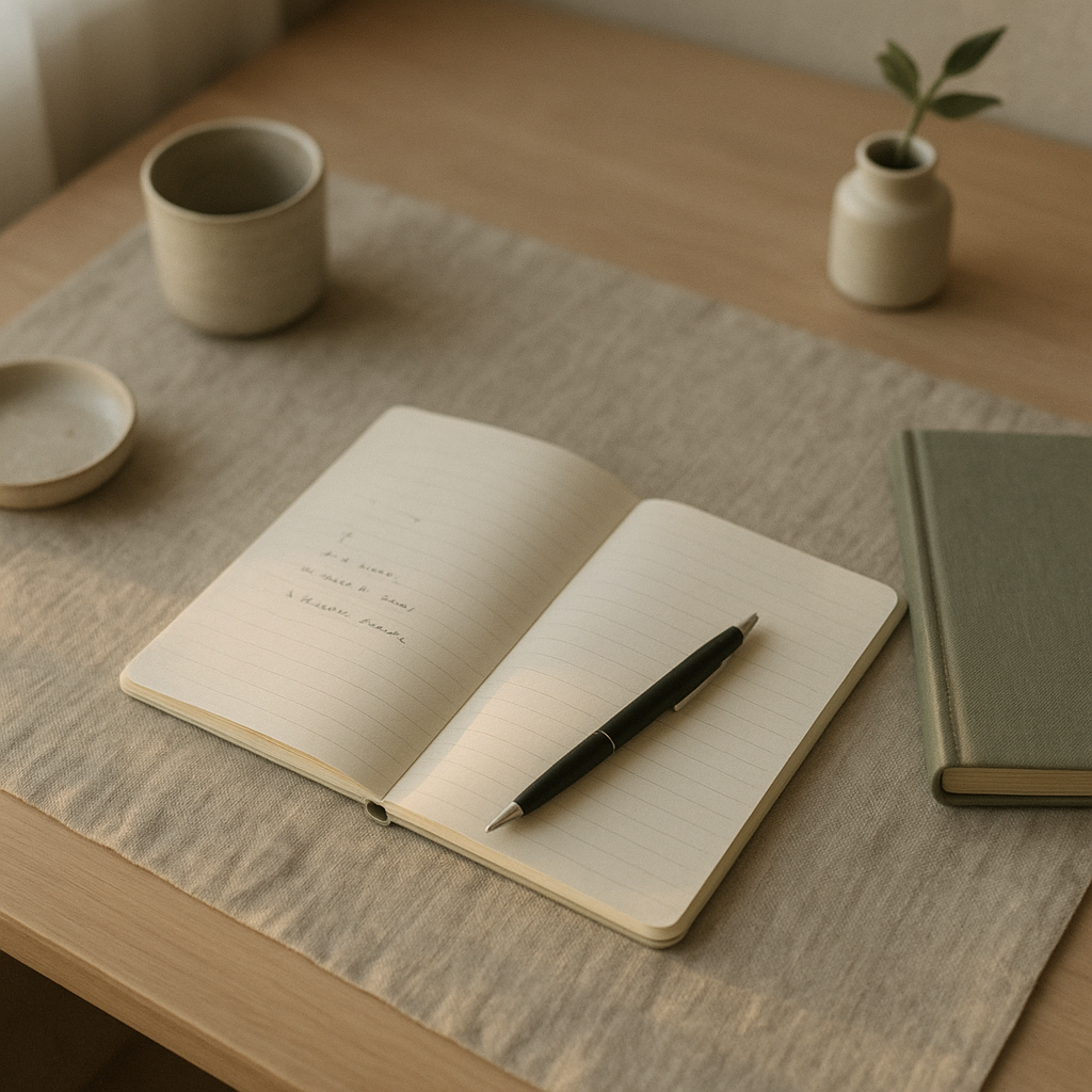 Overhead view of a tidy morning desk with an open notebook and handwritten list, lit by soft golden light
