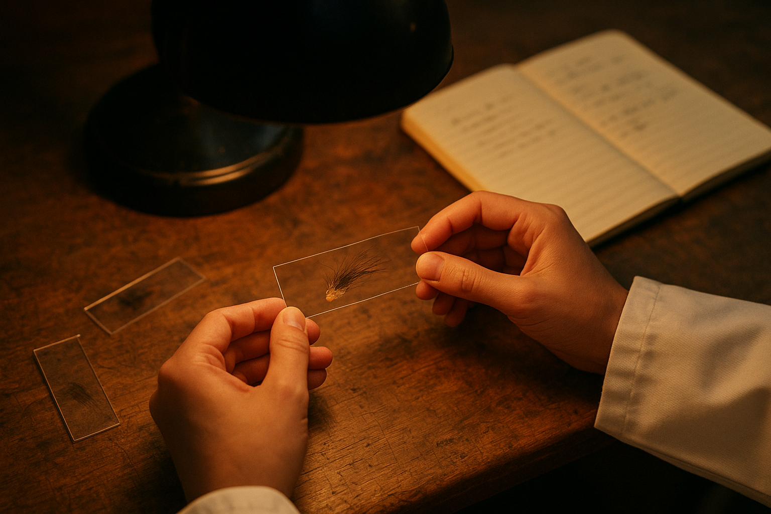 Researcher's hands examining a scalp sample under lab lighting
