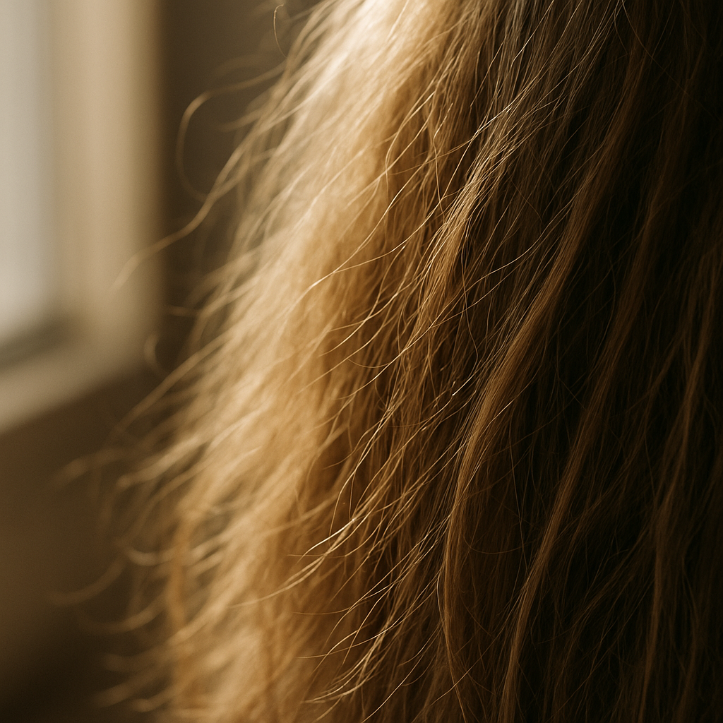 Close-up of natural hair texture catching warm afternoon sunlight
