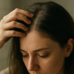 Person parting their hair to reveal the scalp under soft natural window light