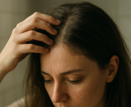 Person parting their hair to reveal the scalp under soft natural window light