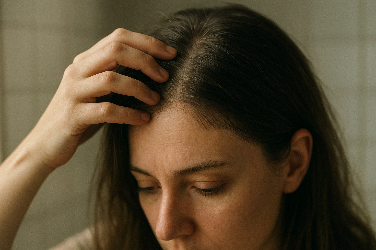 Person parting their hair to reveal the scalp under soft natural window light