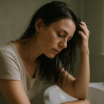 Woman gently checking her hair in a softly lit bathroom