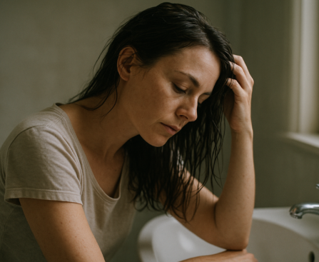 Woman gently checking her hair in a softly lit bathroom