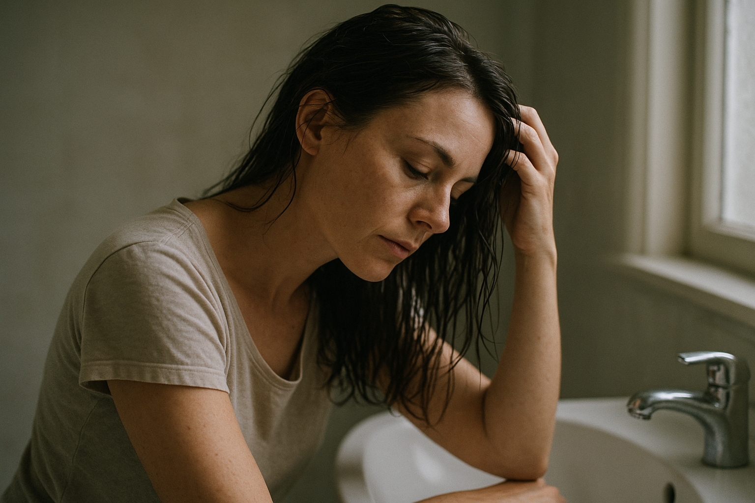 Woman gently checking her hair in a softly lit bathroom