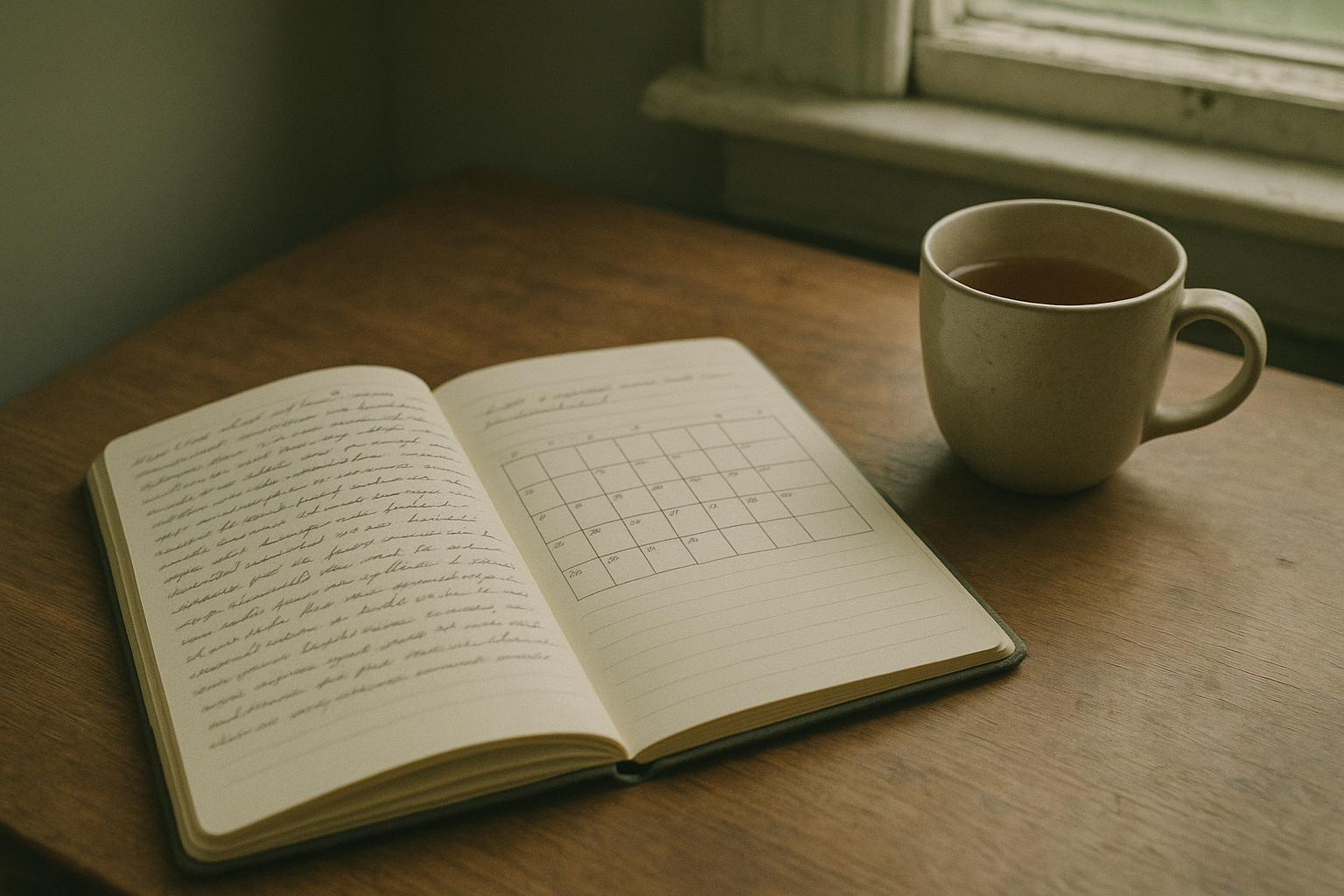 Open journal with handwritten notes and a cup of tea on a wooden desk