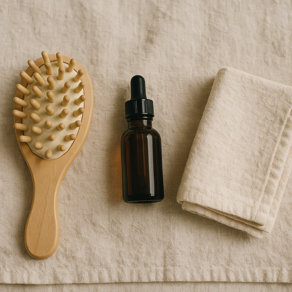 Flatlay of scalp care tools including a wooden massage brush and dropper bottle on linen