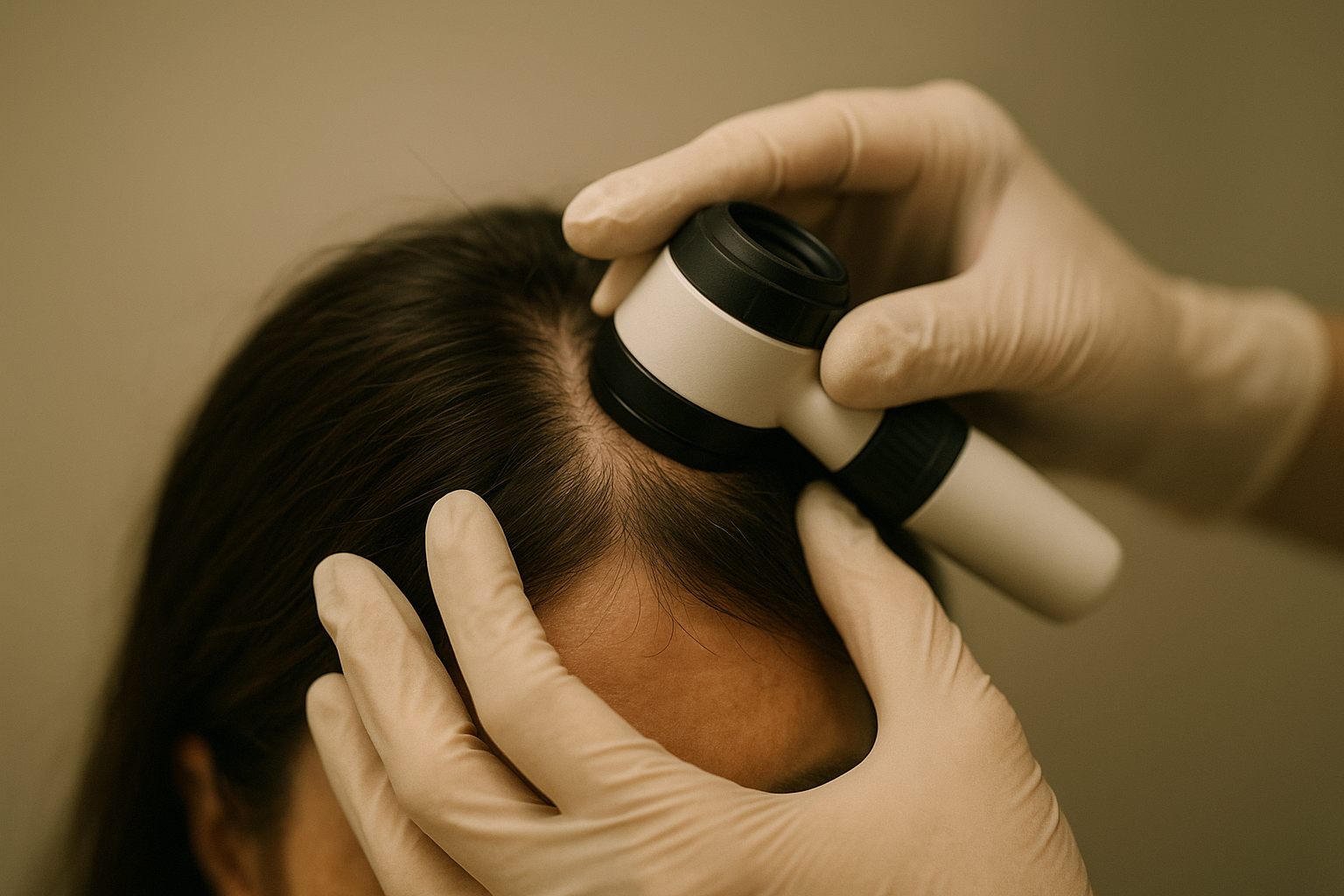 Dermatologist examining a patient's scalp with a magnifying dermatoscope