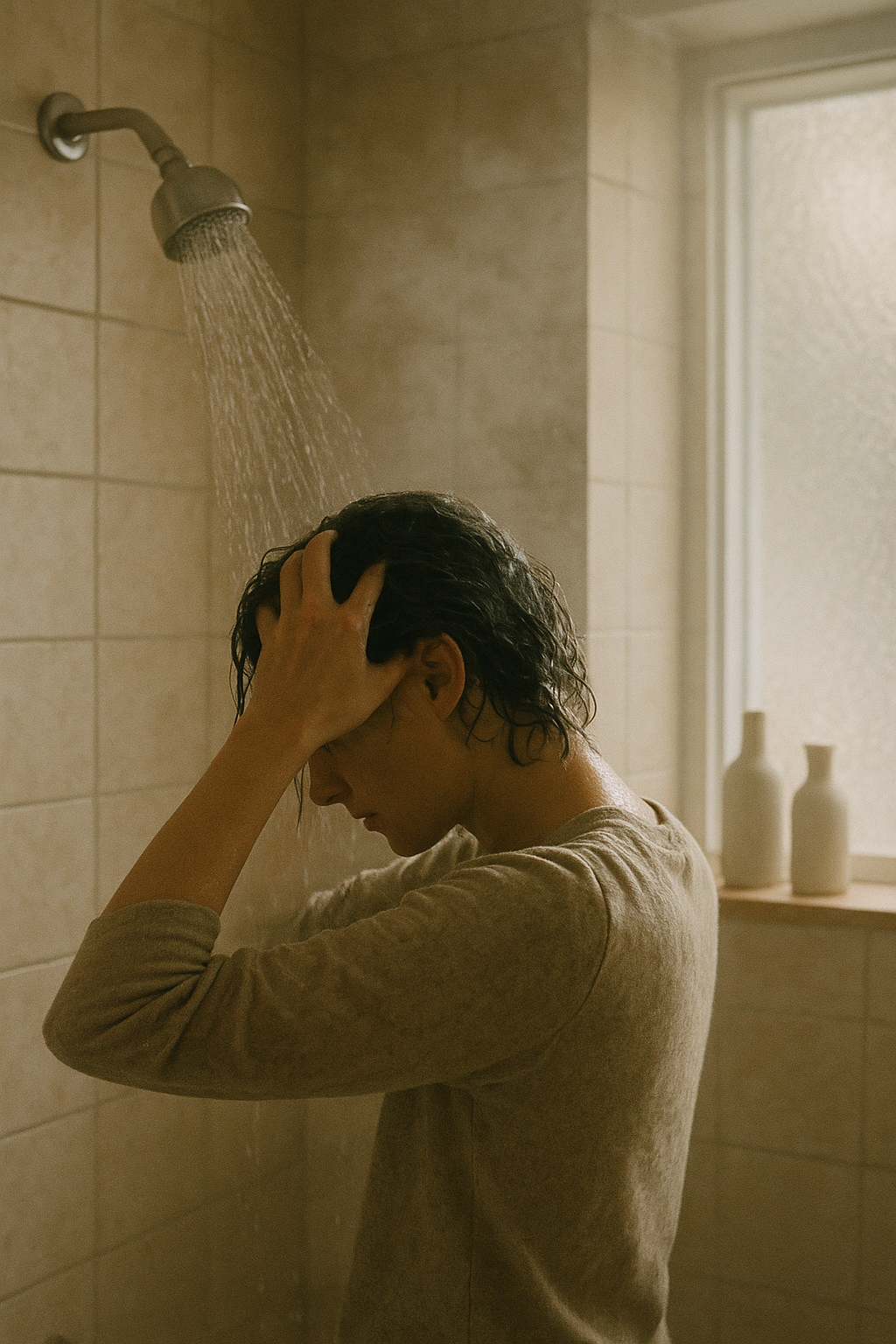Person rinsing hair in a softly lit tiled shower with steam and natural light